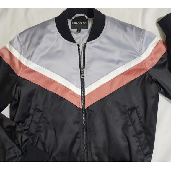 Express Bomber Jacket Satin Silky Quilted Women's Small Y2K Black Gray EUC Retro - Picture 5 of 10